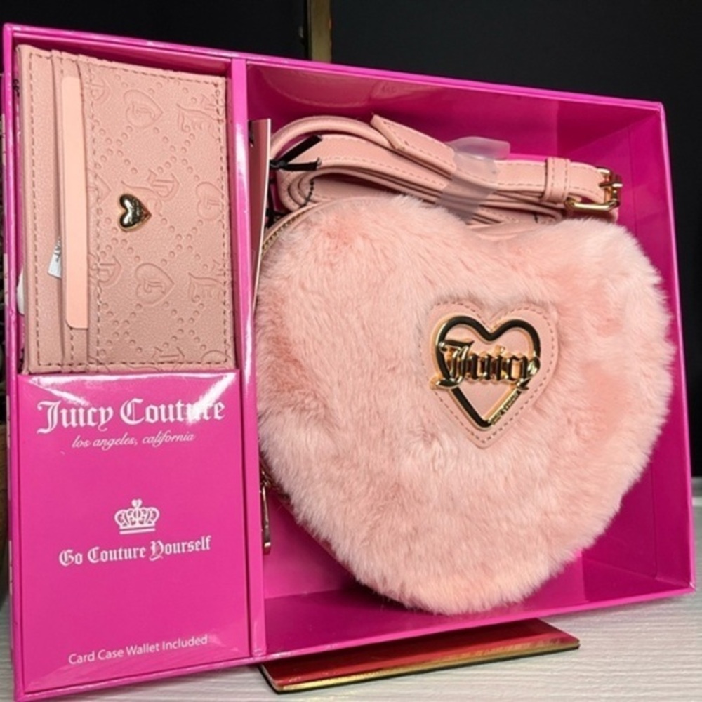 Juicy Couture Faux Fur Heart Crossbody Bag Taffy Pink + Card Wallet Gift Set NWT